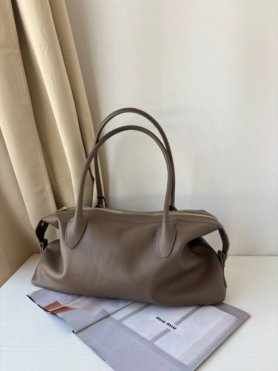 Кожаная сумка тоут тауп LEATHER
