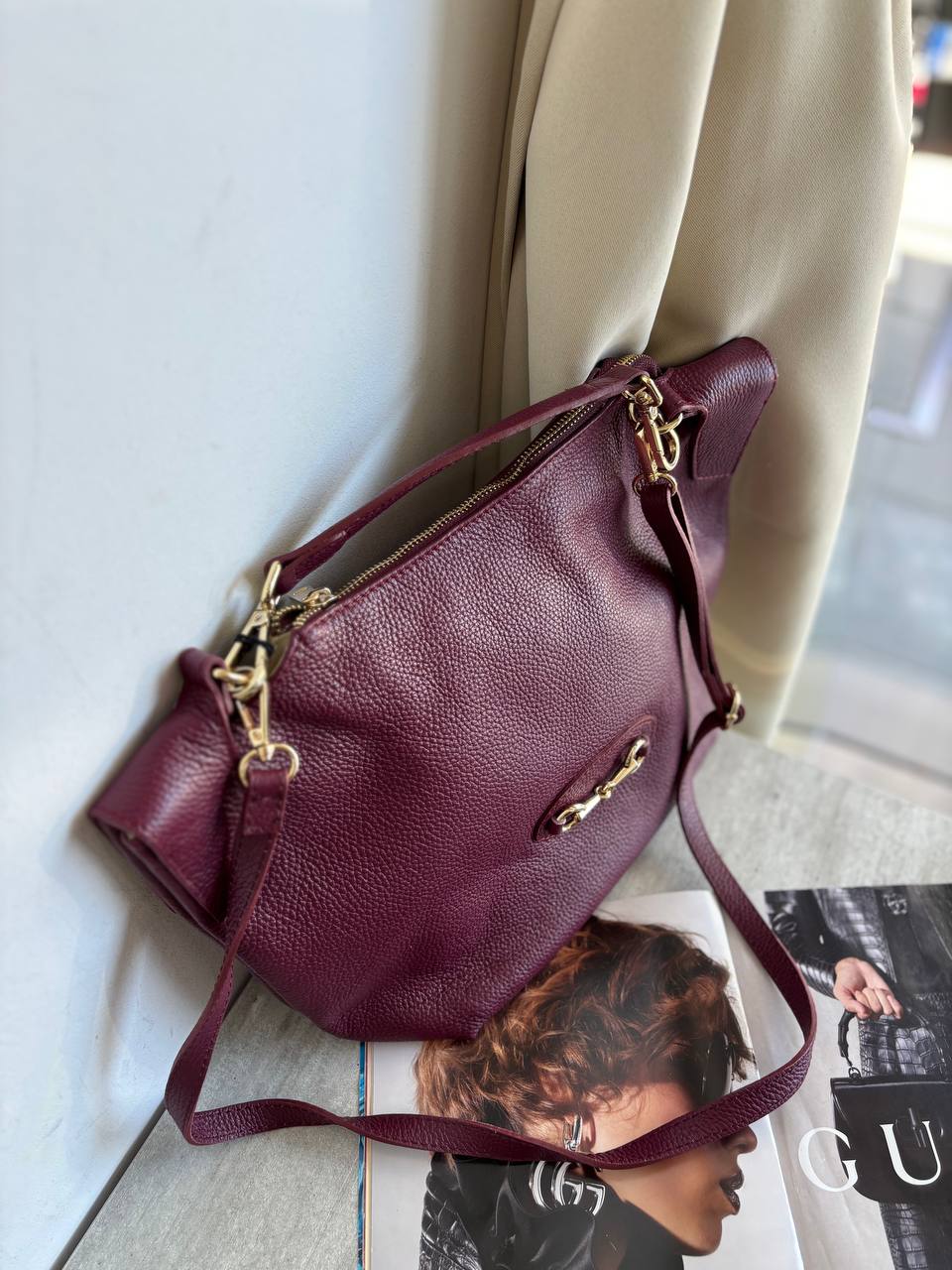 Женская кожаная сумка бордовая LEATHER
